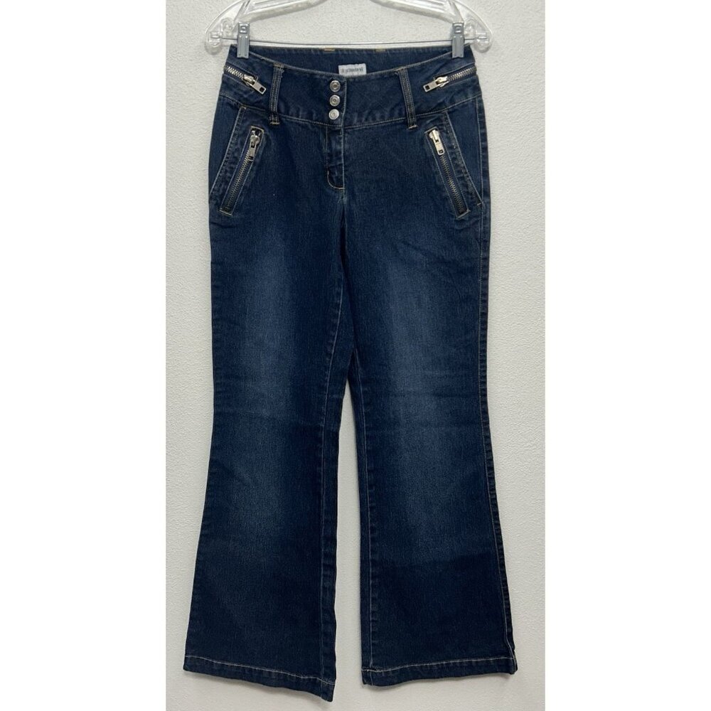Vintage NO BOUNDARIES Juniors Jeans 7 Blue Stretch Flare Buckle Retro Y2K Grunge
